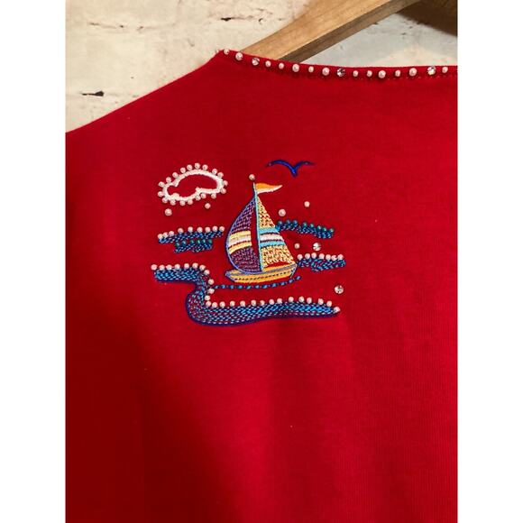 Quacker Factory Top Womens Medium Tunic Red Nautical Beachy Beaded Embroidered - Picture 15 of 16